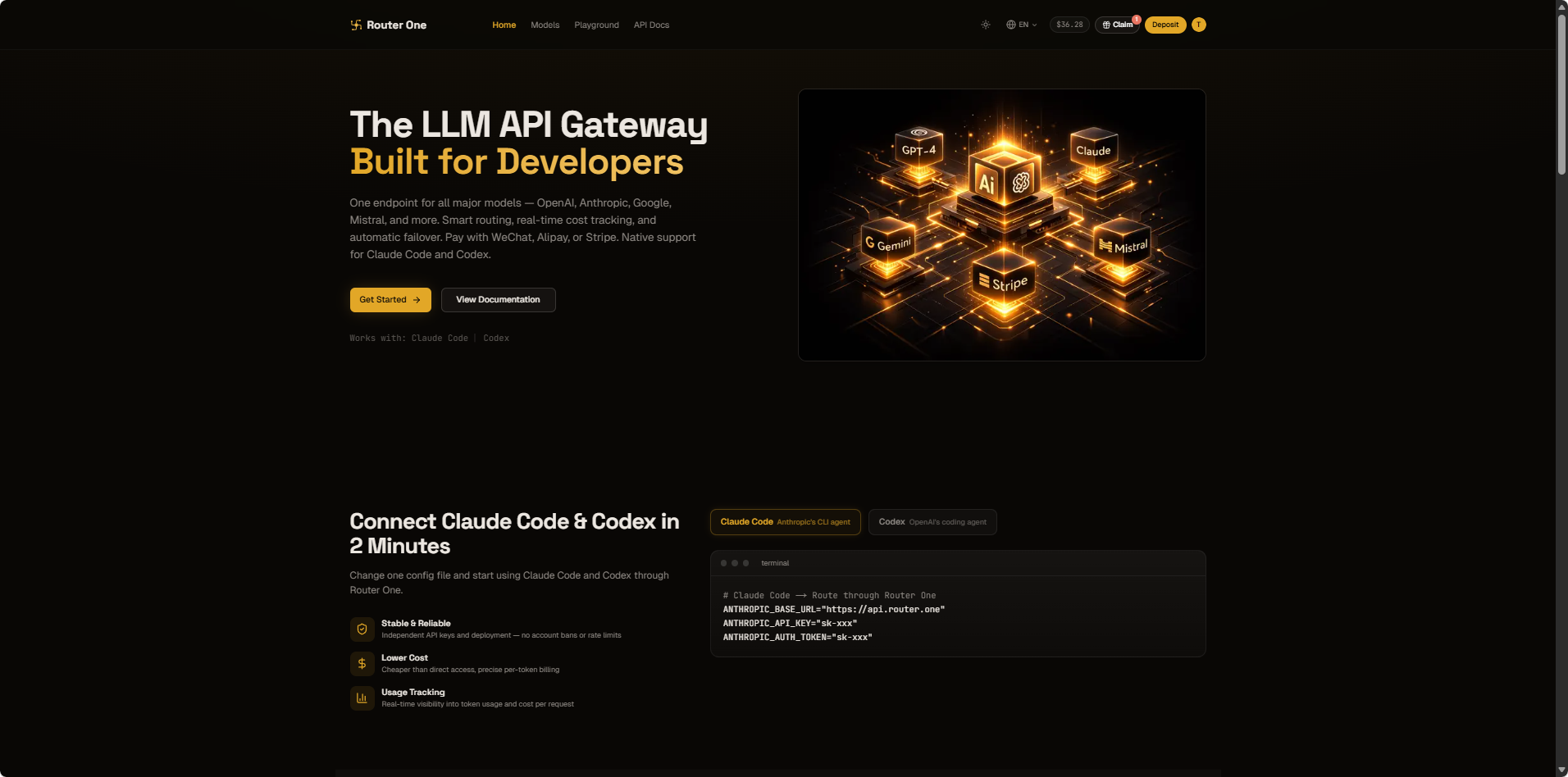 Router One brand landing · LLM gateway illustration