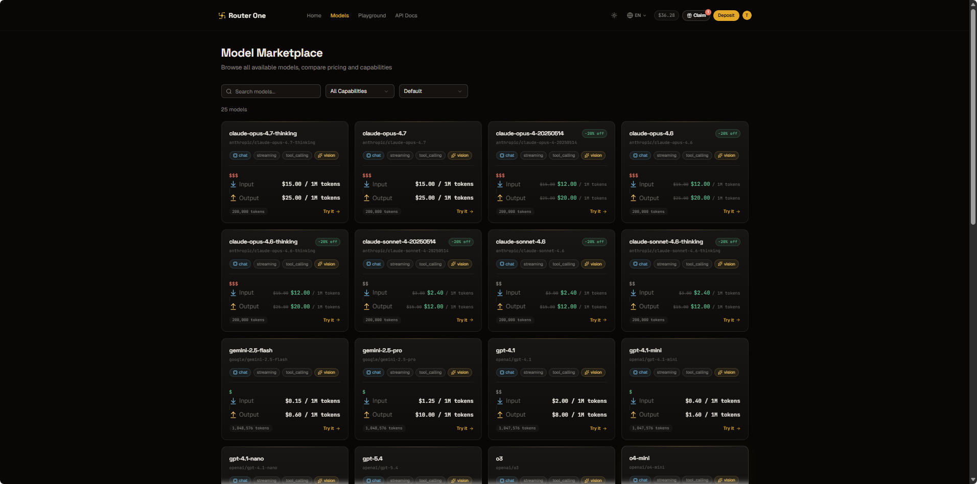 Router One model marketplace — 25 models with per-token pricing