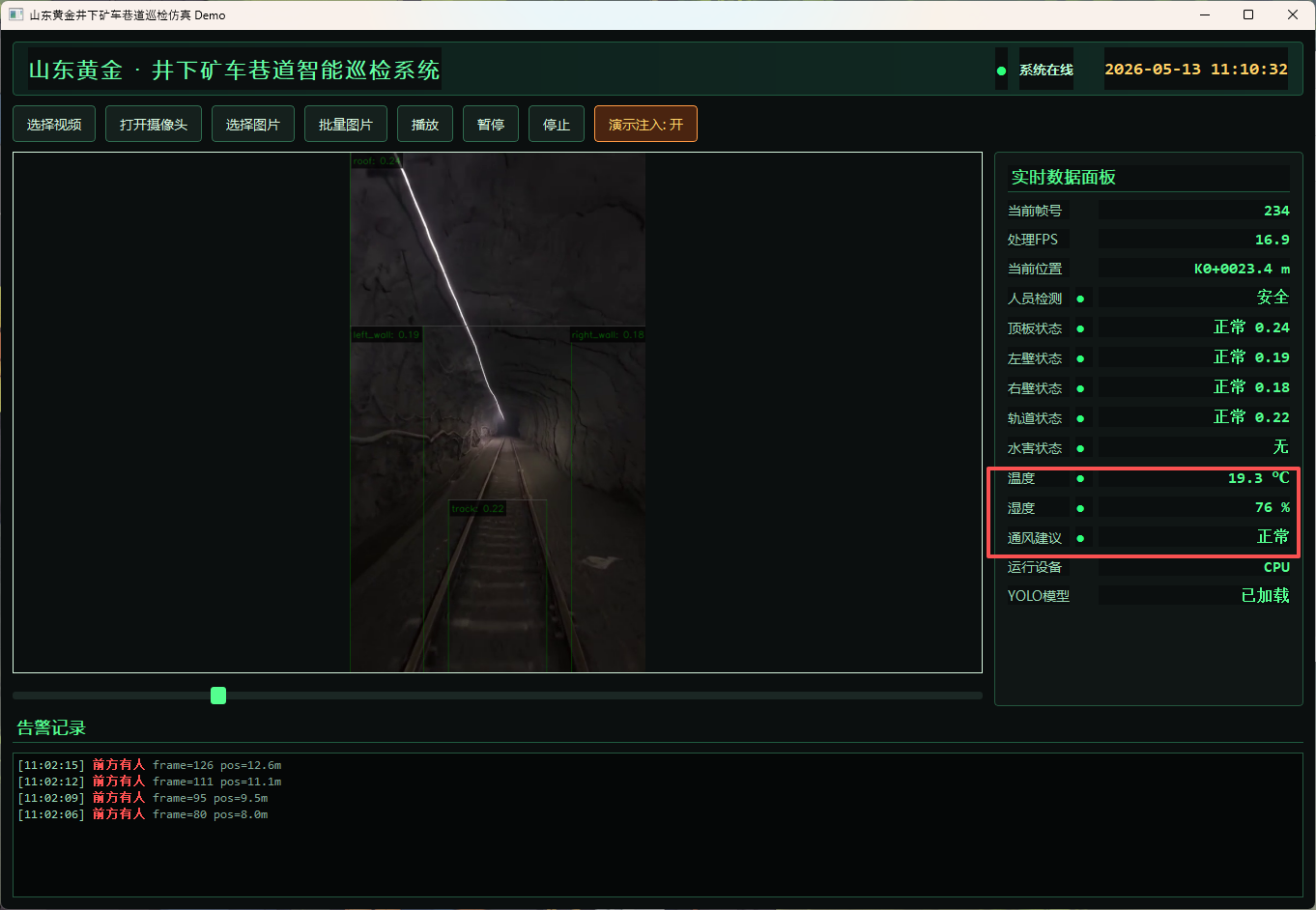 Dashboard reading tunnel structure plus temperature, humidity and ventilation