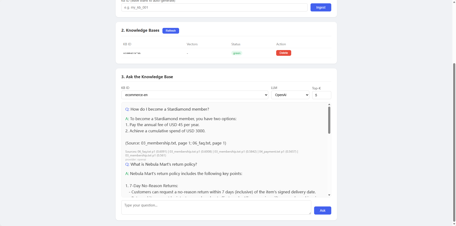 Knowledge-base management and grounded Q&A surface of the RAG SaaS product