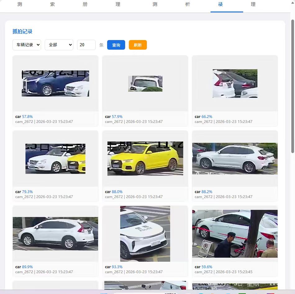Vehicle capture records grid with confidence scores and camera IDs
